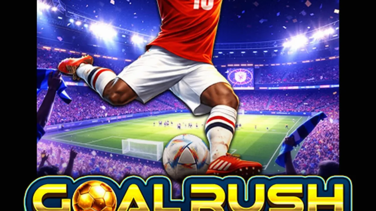 Tampilan visual slot Goal Rush Deluxe Hold and Win dengan tema stadion sepak bola