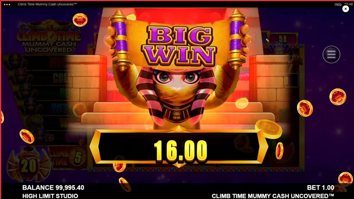 Tampilan visual slot Climb Time Mummy Cash Uncovered dengan latar belakang malam Mesir yang mistis.