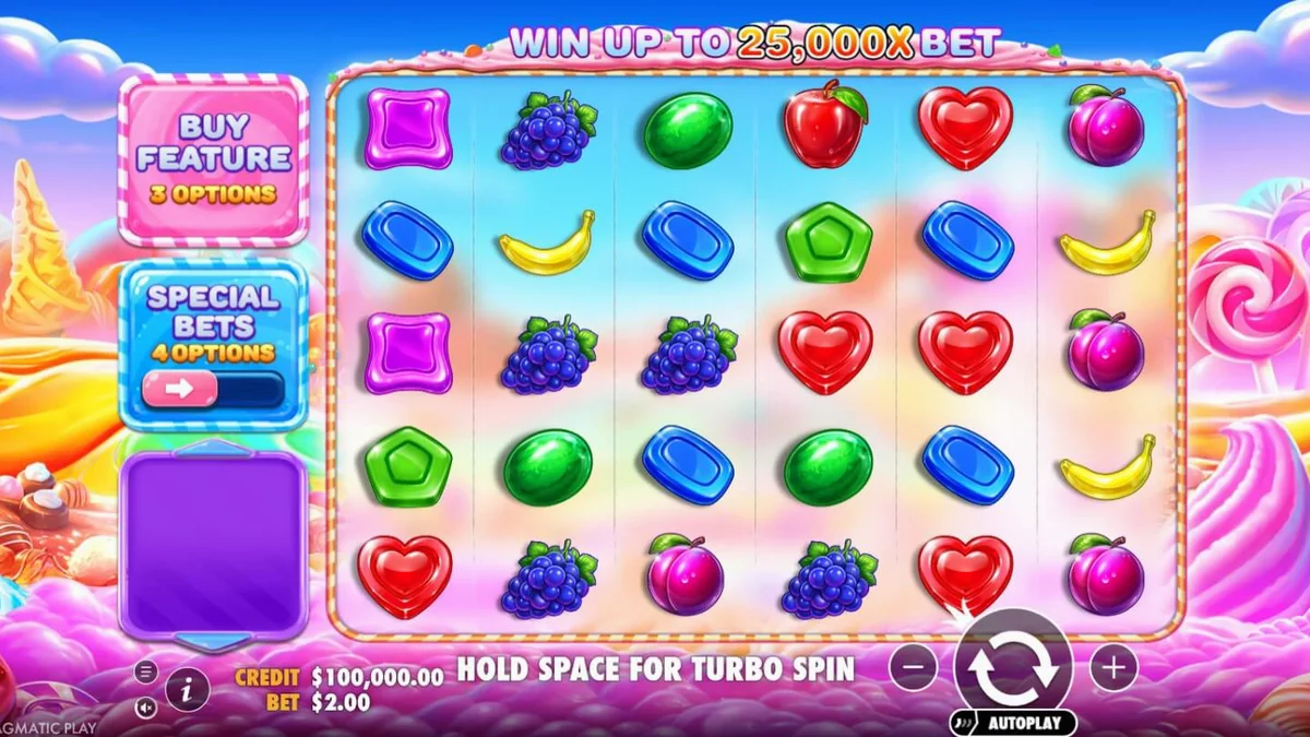 Tampilan visual ceria dan penuh warna dari slot Sweet Bonanza 2500