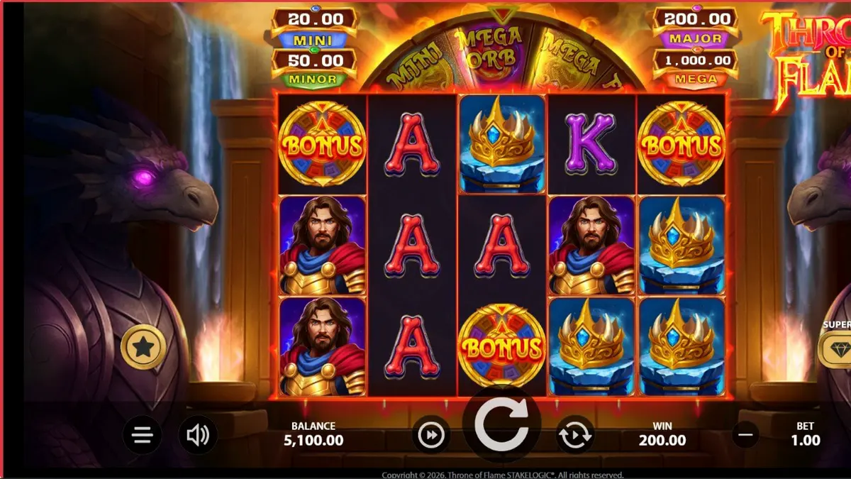 Pemandangan sarang naga yang penuh dengan lava dan telur naga bercahaya dalam slot Throne of Flame.